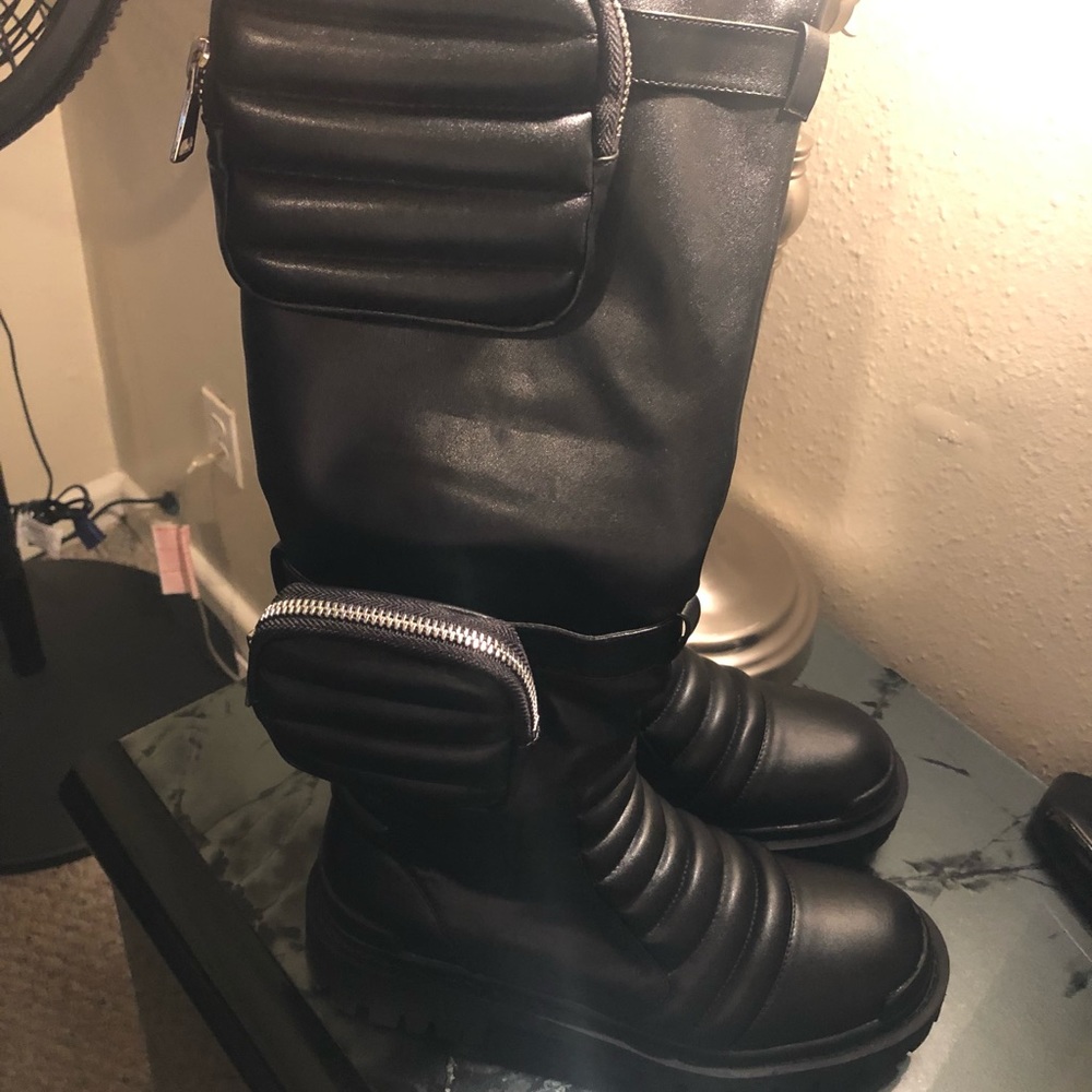 COPY - Tayla Chunky Biker Knee Boots In Black With Pouches NWOT